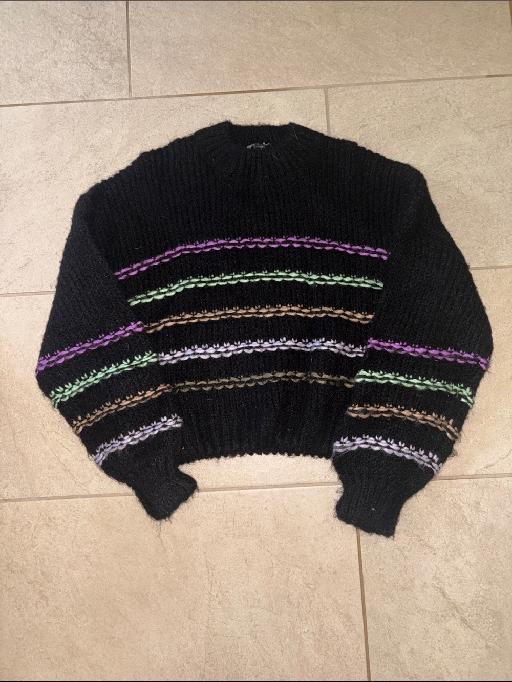 NVLT Women’s Strip Balloon Sleeve Crop Sweater